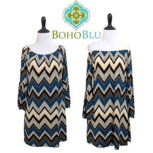 BohoBlu Chevron Print Shift Dress With Bell Sleeves - Size Small Womens